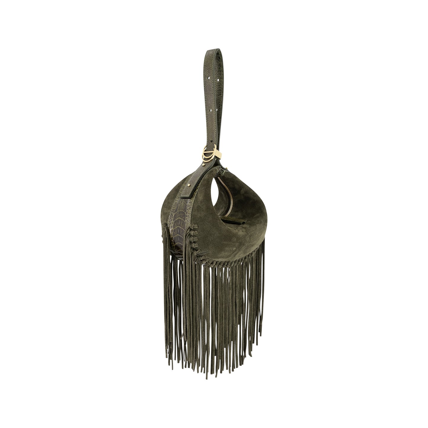 Fringe Lolita In Thyme Suede & Olive Ostrich Leg