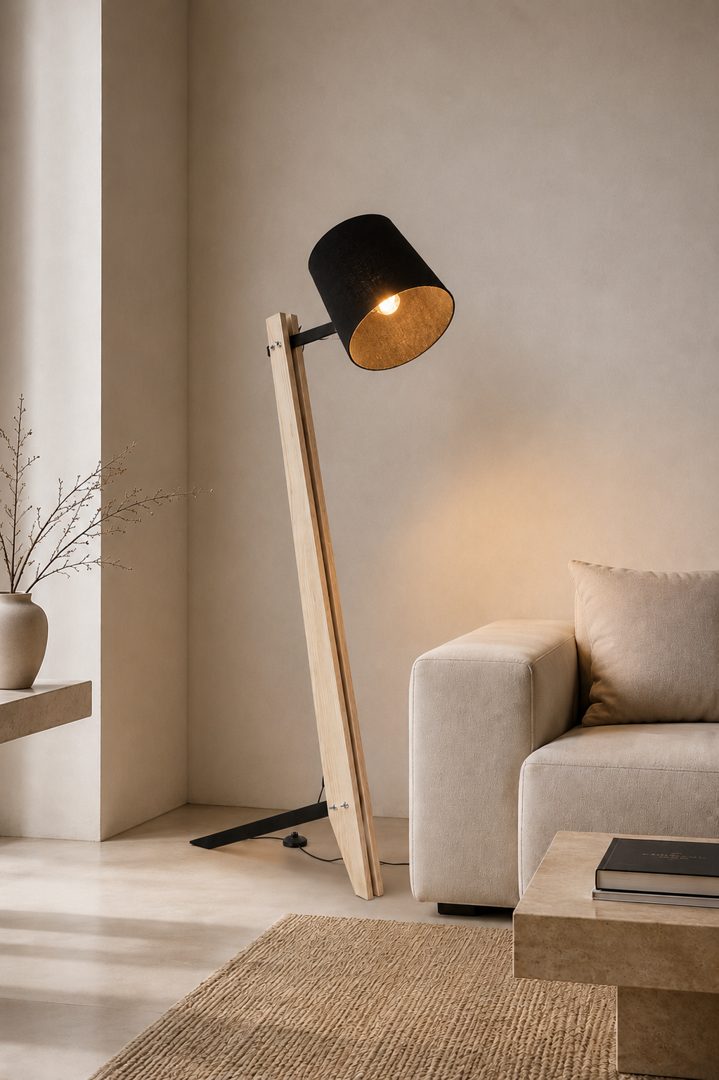 Industrial Floor Lamp with Black Wool Shade