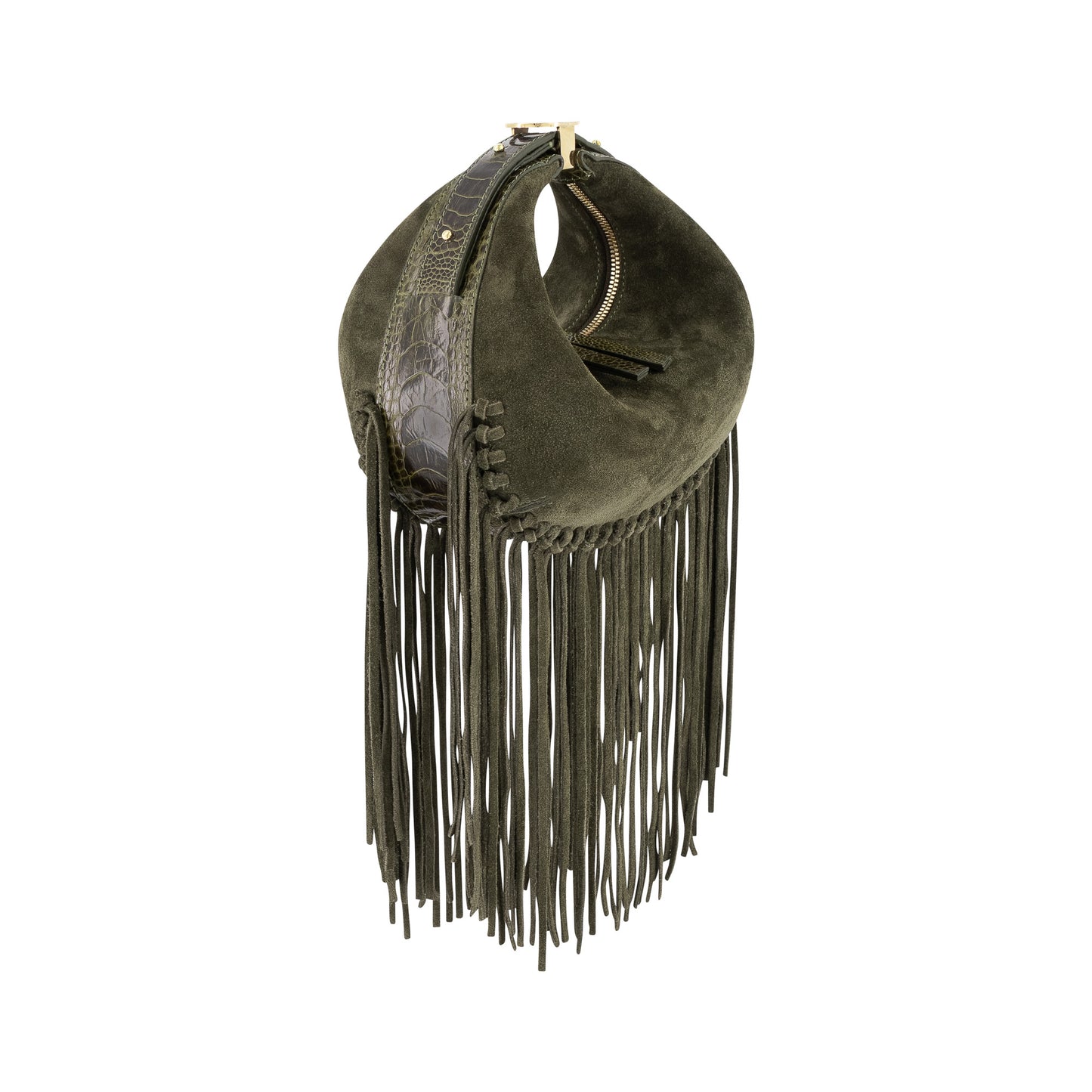 Fringe Lolita In Thyme Suede & Olive Ostrich Leg