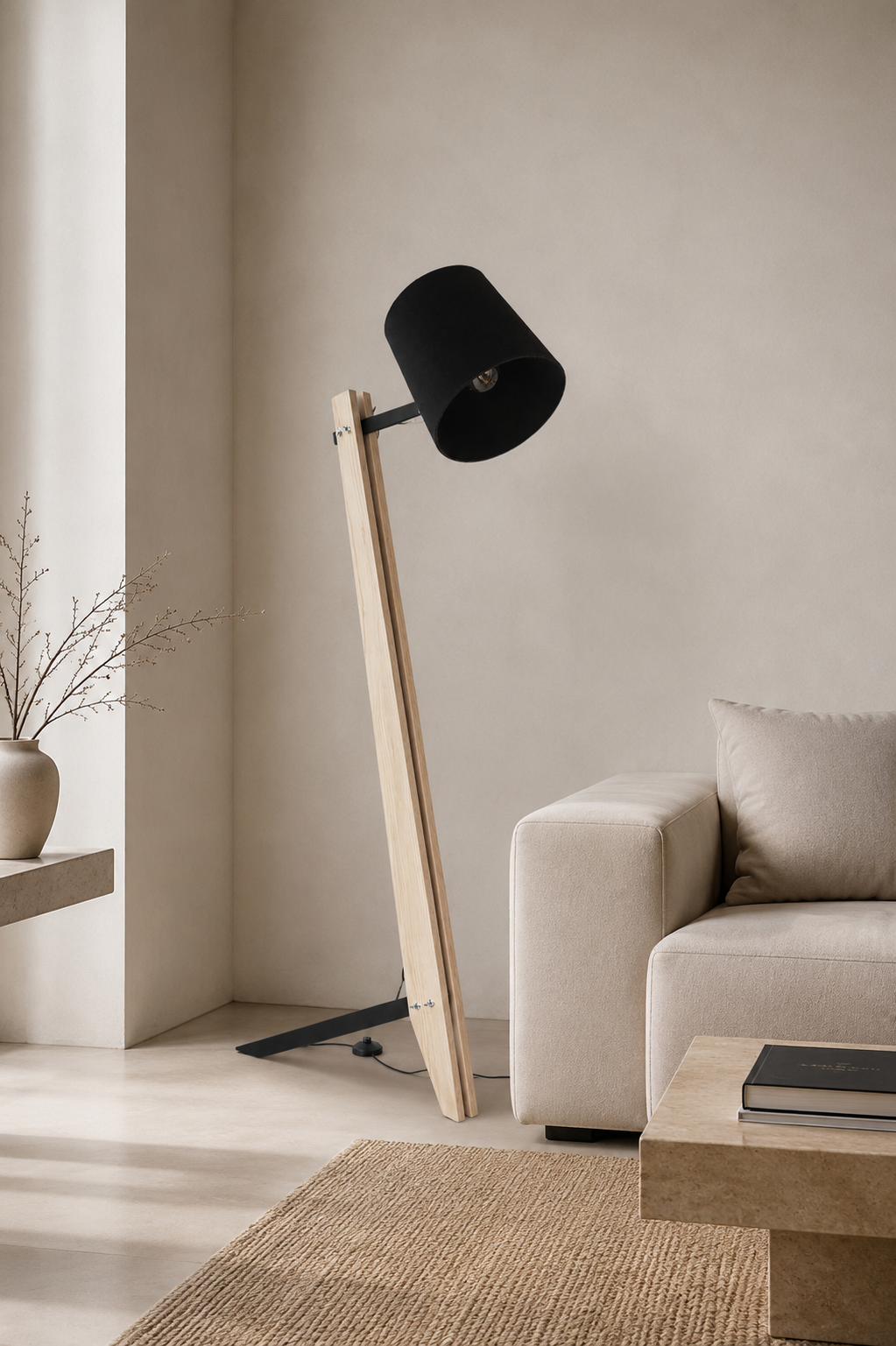 Industrial Floor Lamp with Black Wool Shade